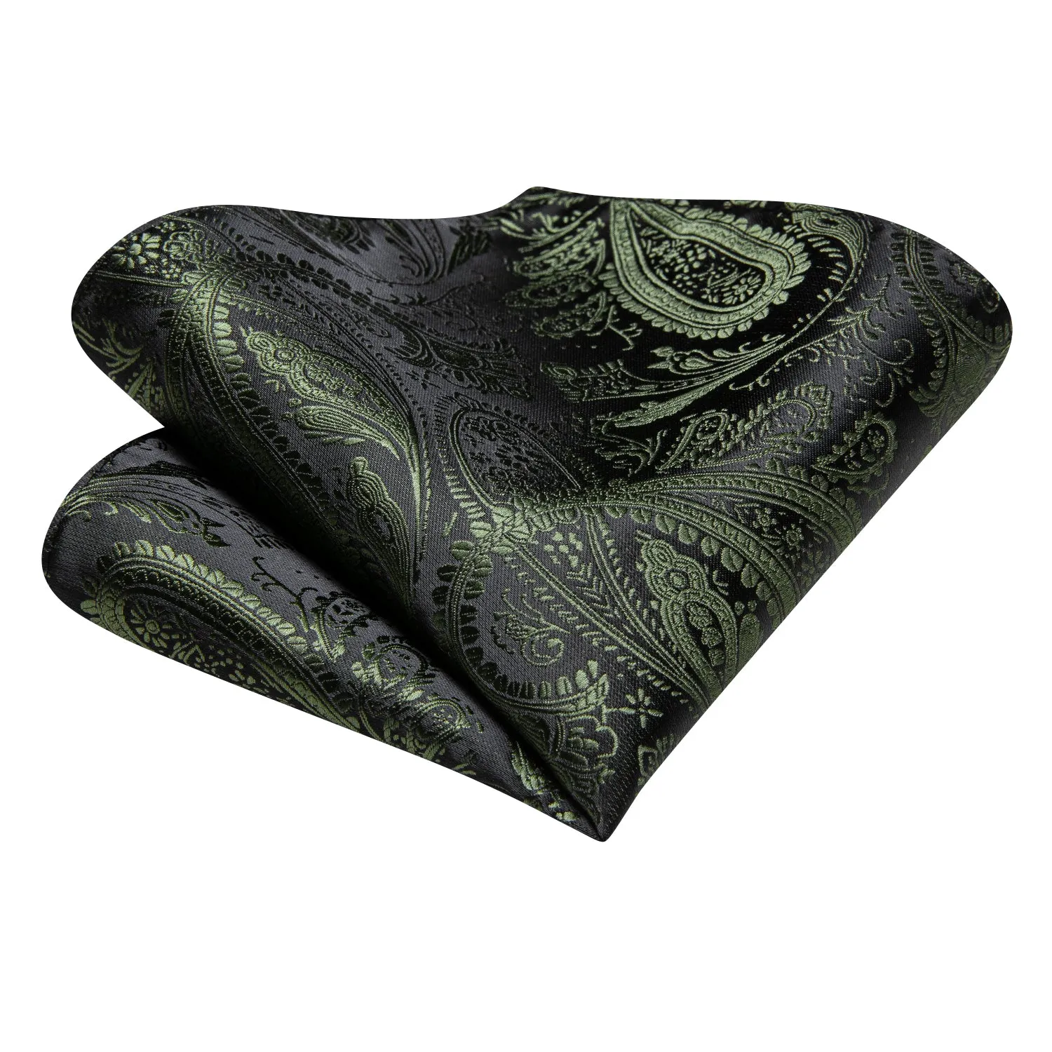 Hi-Tie Deep Green Black Paisley Silk Tie Pocket Square Cufflinks Set