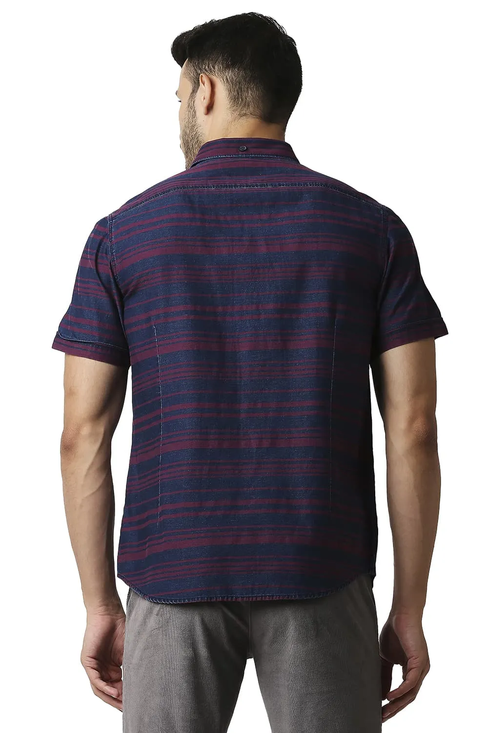 Slim Fit Indigo Weft Stripe Halfsleeves Shirt